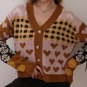 Brown/Yellow Oversized Checkered Smiley Face Cardigan, Size Large